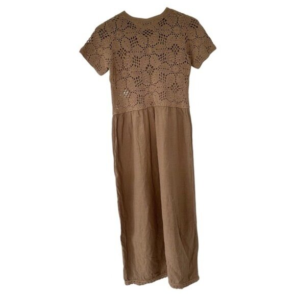Zara Mixed Macrame Crochet Knit Earth Brown Cotton Midi Dress Size S - Picture 8 of 10